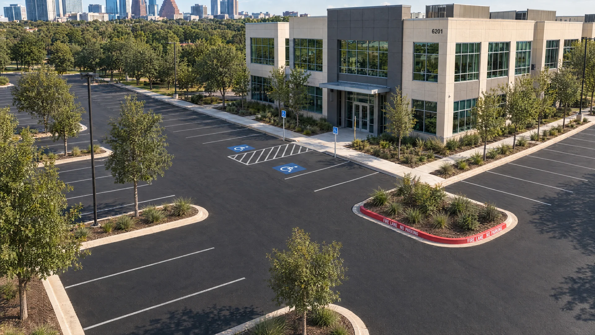 Freshly sealcoated and striped commercial parking lot in Austin